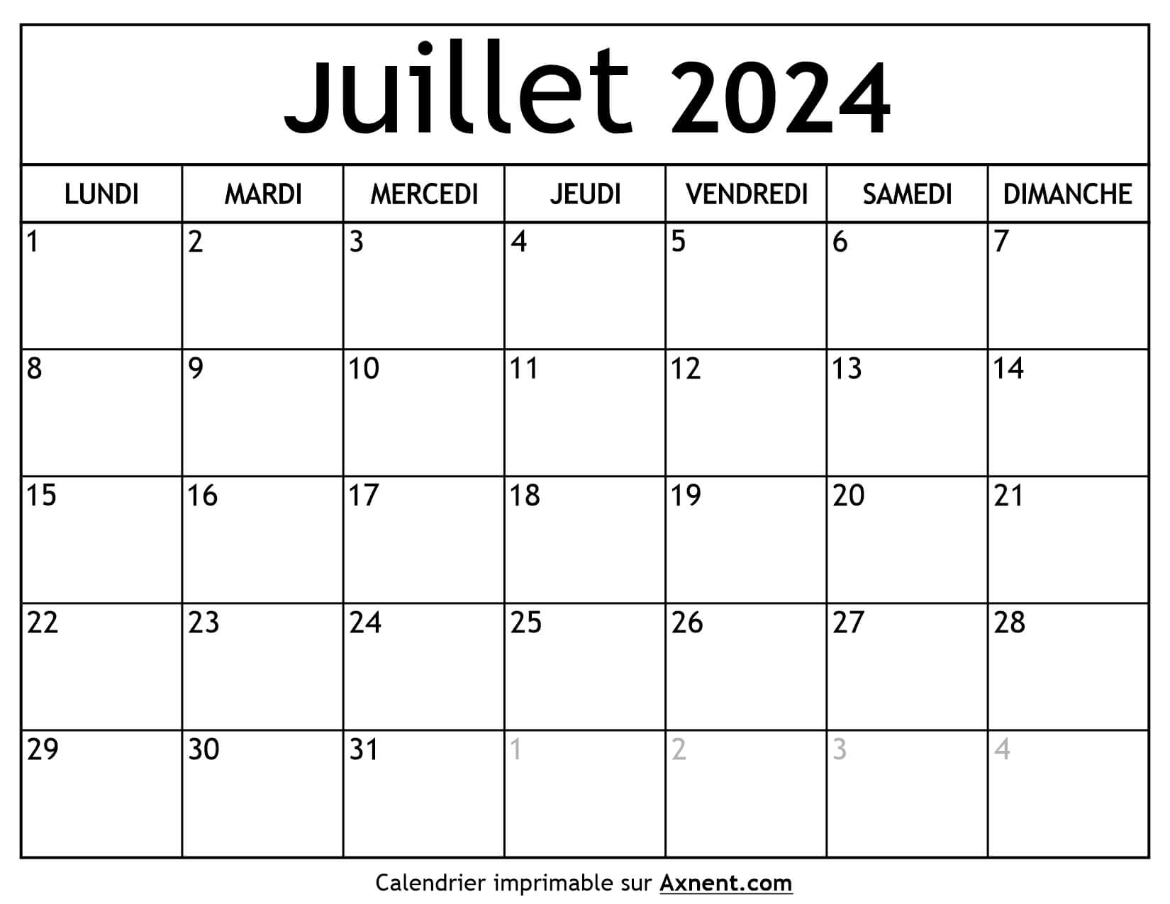 Calendrier Juillet 2024 à Imprimer - Time Management Tools By Axnent