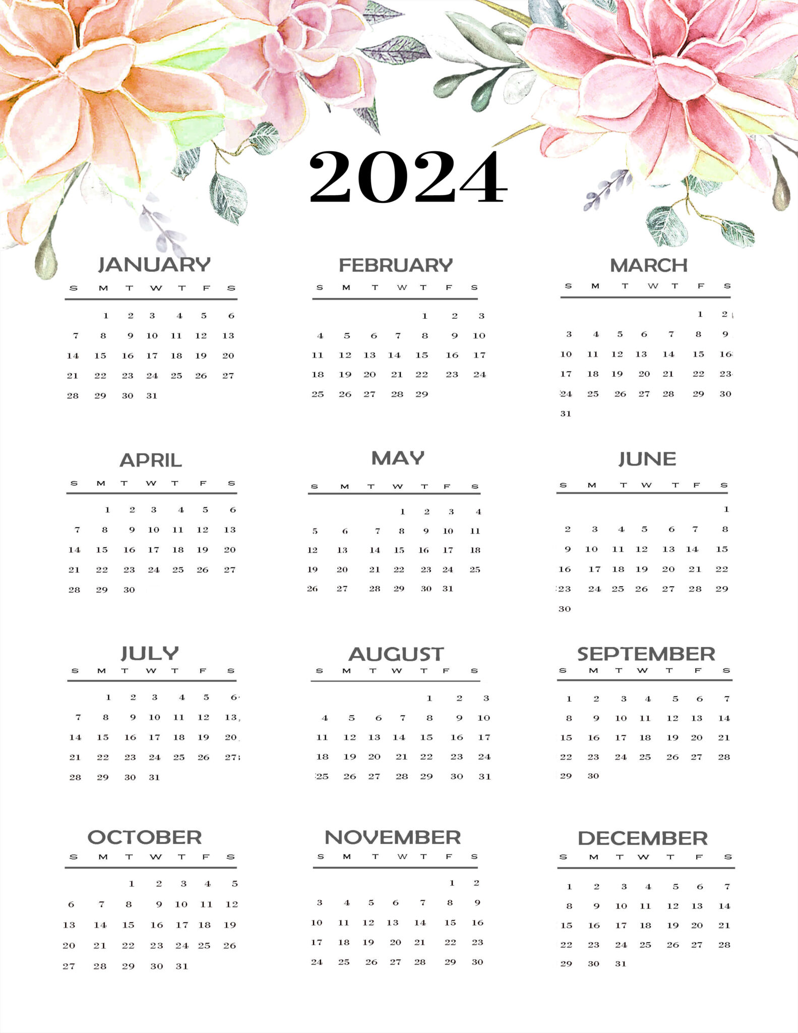 Free Printable Year 2024 Calendar Template - Time Management Tools By ...