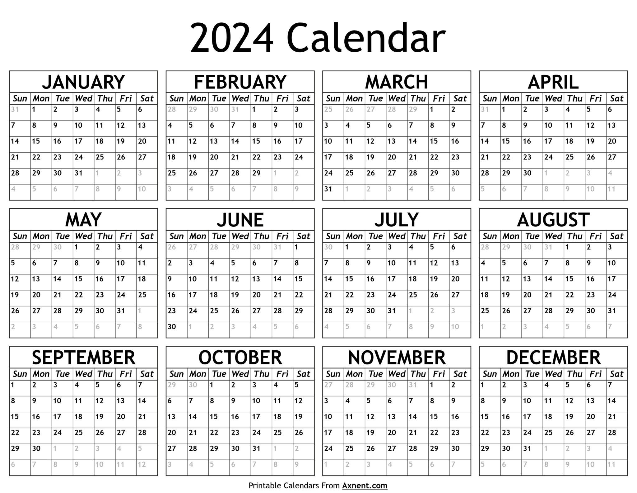 Free Printable Year 2024 Calendar Template - Time Management Tools By ...