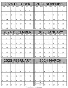 Printable October 2024 to March 2025 Calendar