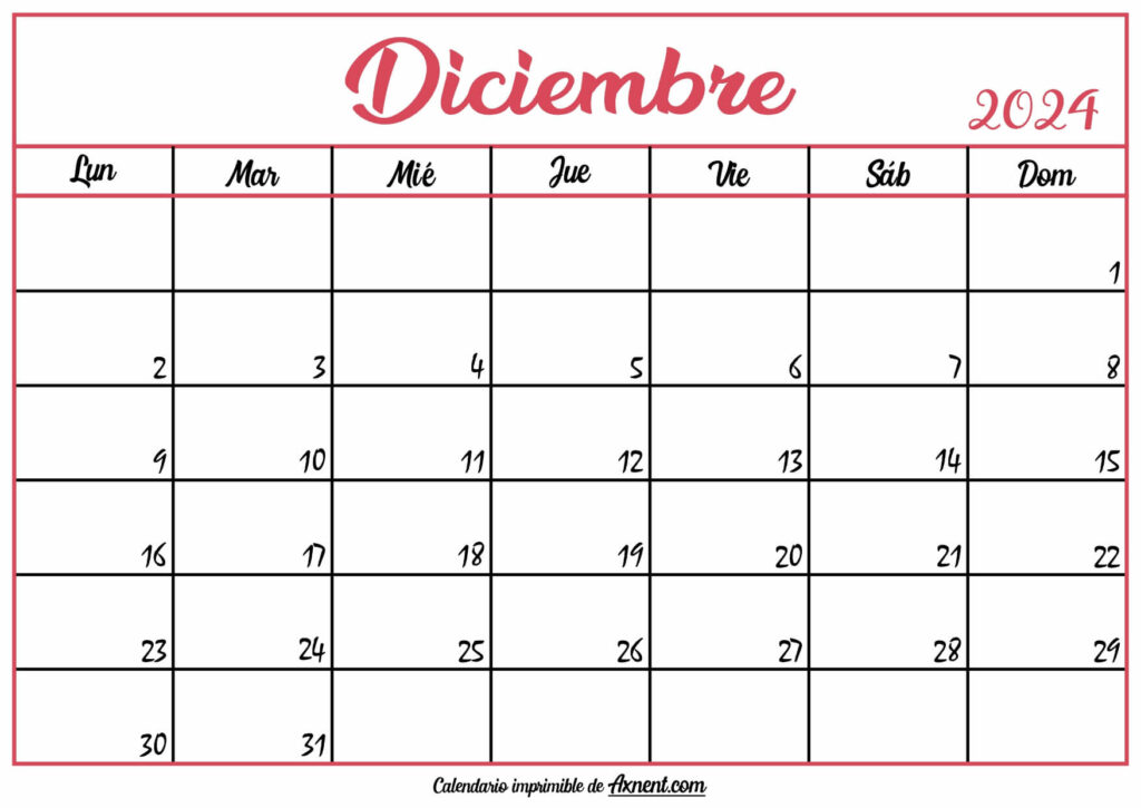 Calendario En Blanco Diciembre 2024