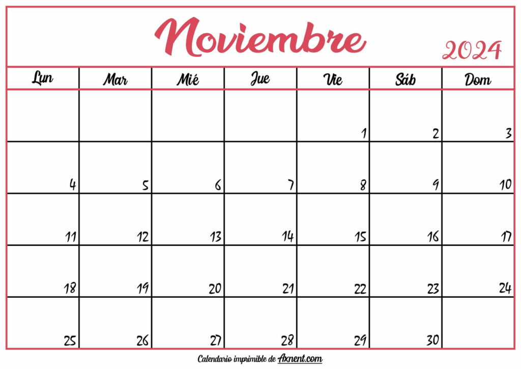 Calendario En Blanco Noviembre 2024