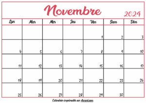 Calendrier Vierge Novembre 2024