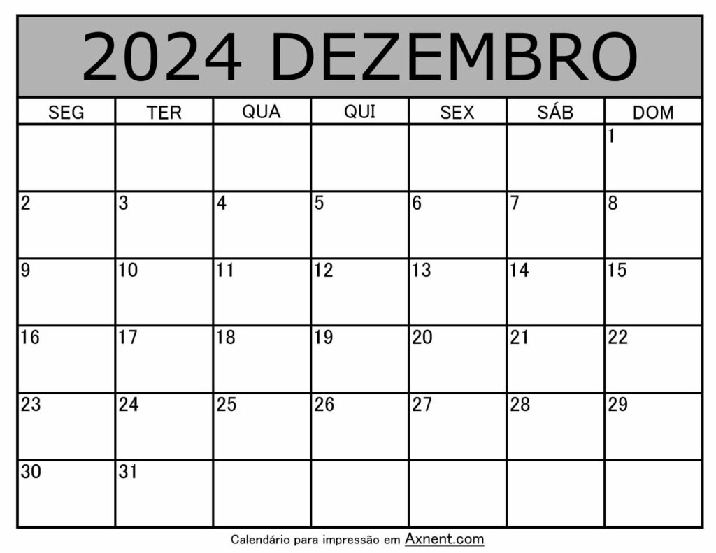 Dezembro De 2024 Calendario Imprimível