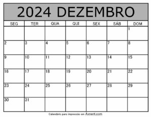 Dezembro De 2024 Calendario Imprimível