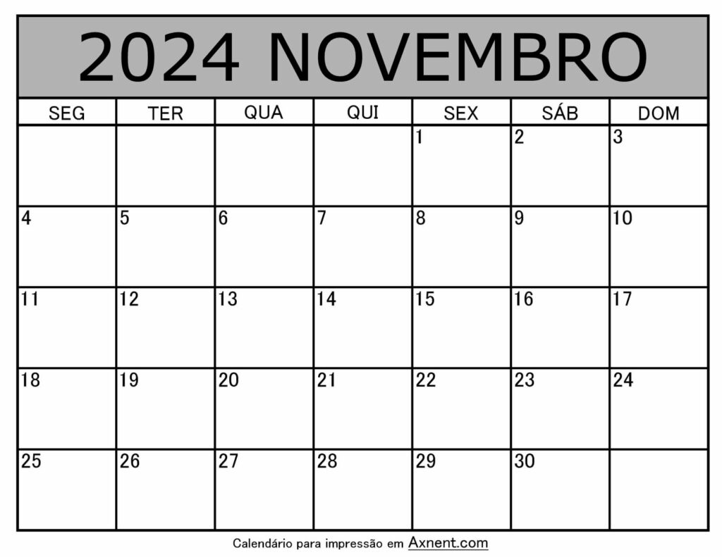 Novembro De 2024 Calendario Imprimível