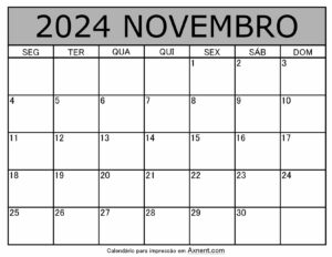 Novembro De 2024 Calendario Imprimível