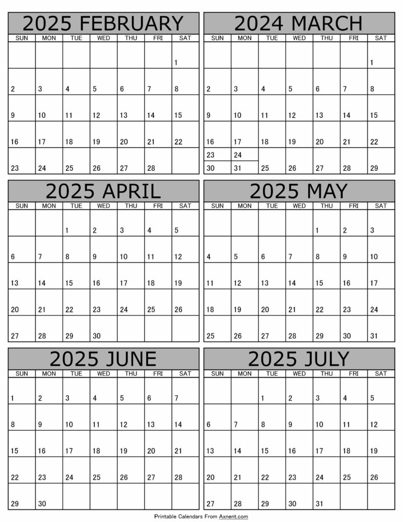 Calendar 2025 February to July