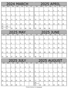 Calendar 2025 March to August