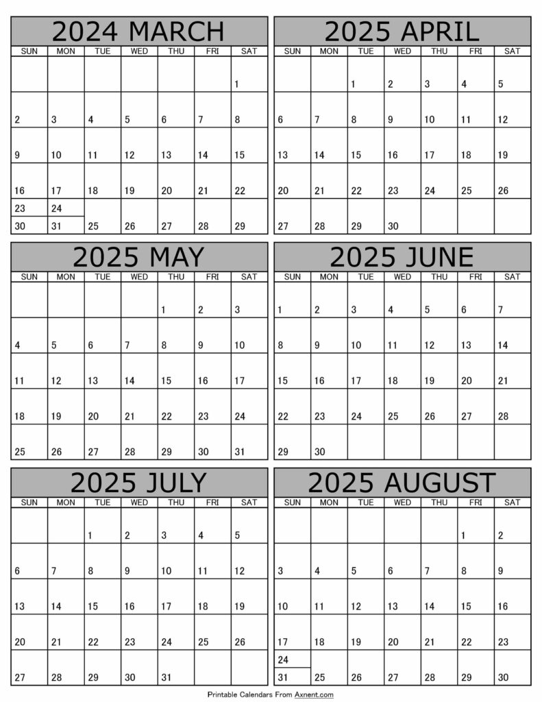 Calendar 2025 March to August