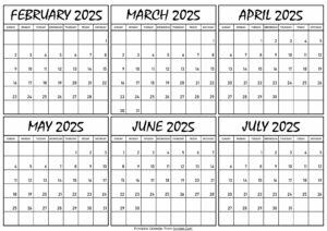 Calendar February to July 2025