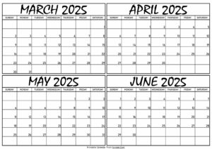 Calendar March to June 2025