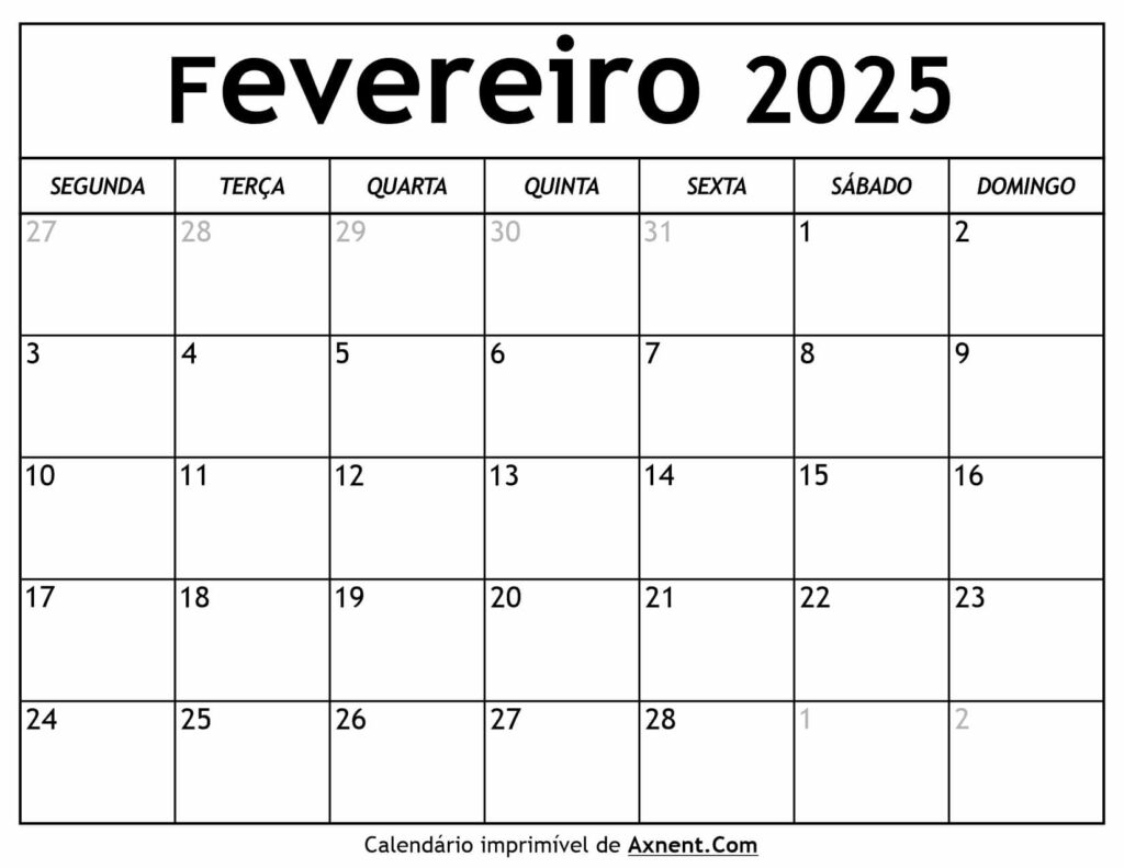 Calendário De Fevereiro De 2025