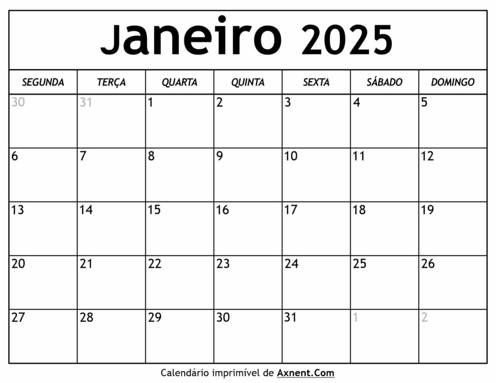 Calendário De Janeiro De 2025