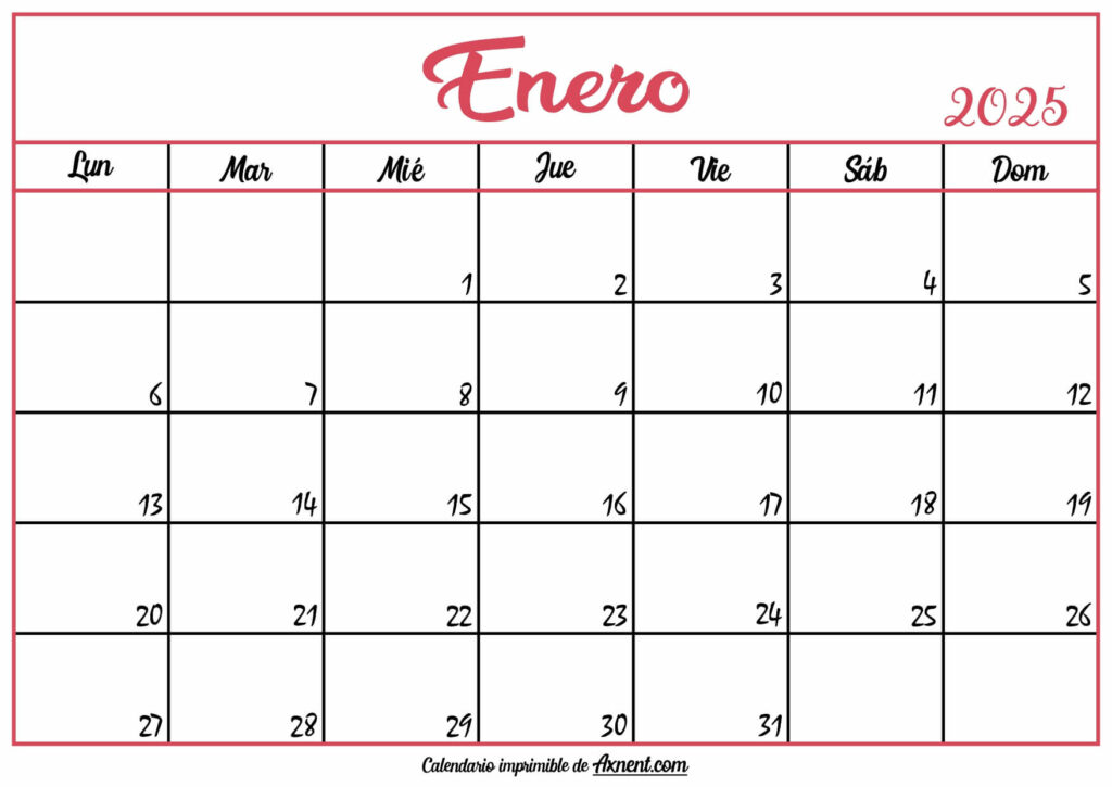Calendario En Blanco Enero 2025