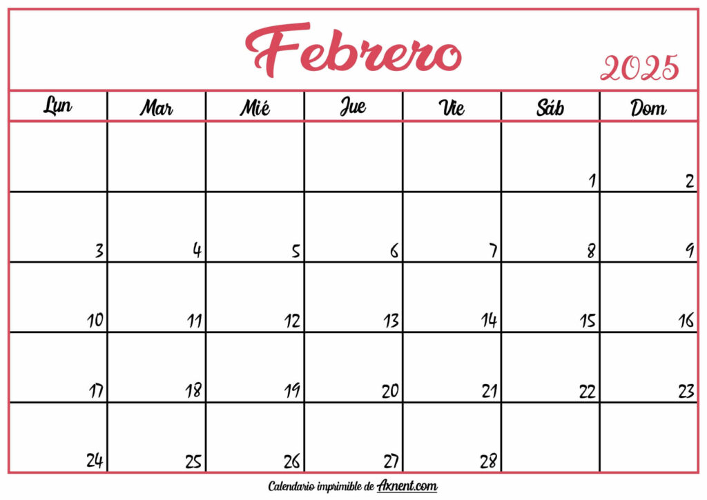 Calendario En Blanco Febrero 2025