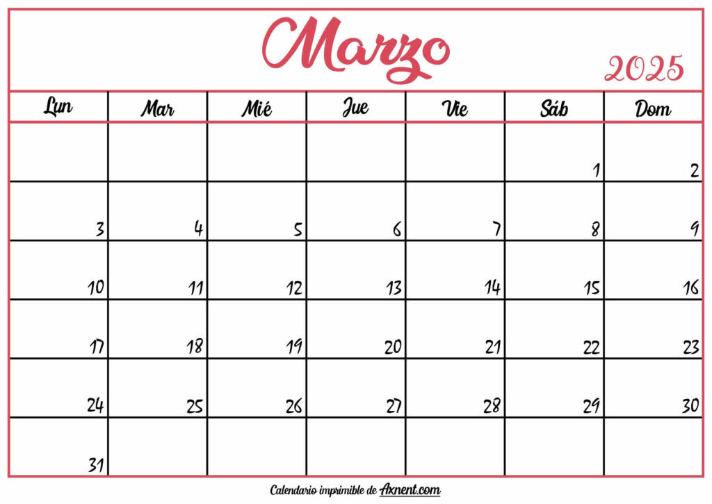Calendario En Blanco Marzo 2025