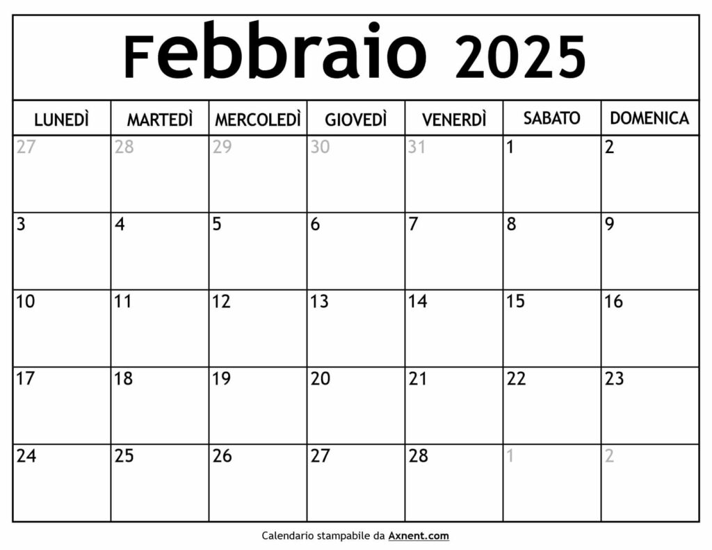 Calendario Febbraio 2025