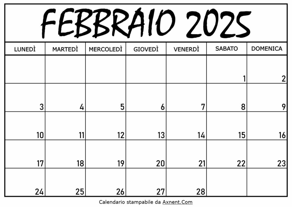 Calendario Febbraio 2025 da Stampare