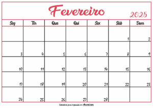 Calendário Fevereiro 2025