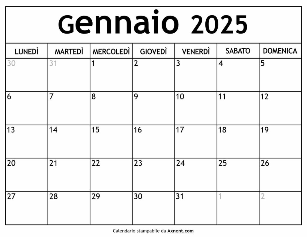 Calendario Gennaio 2025