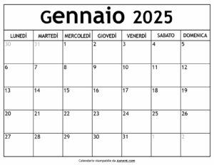 Calendario Gennaio 2025