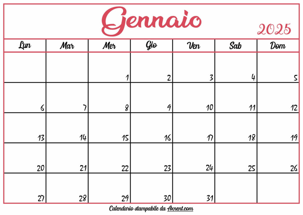 Calendario Gennaio 2025 Stampabile