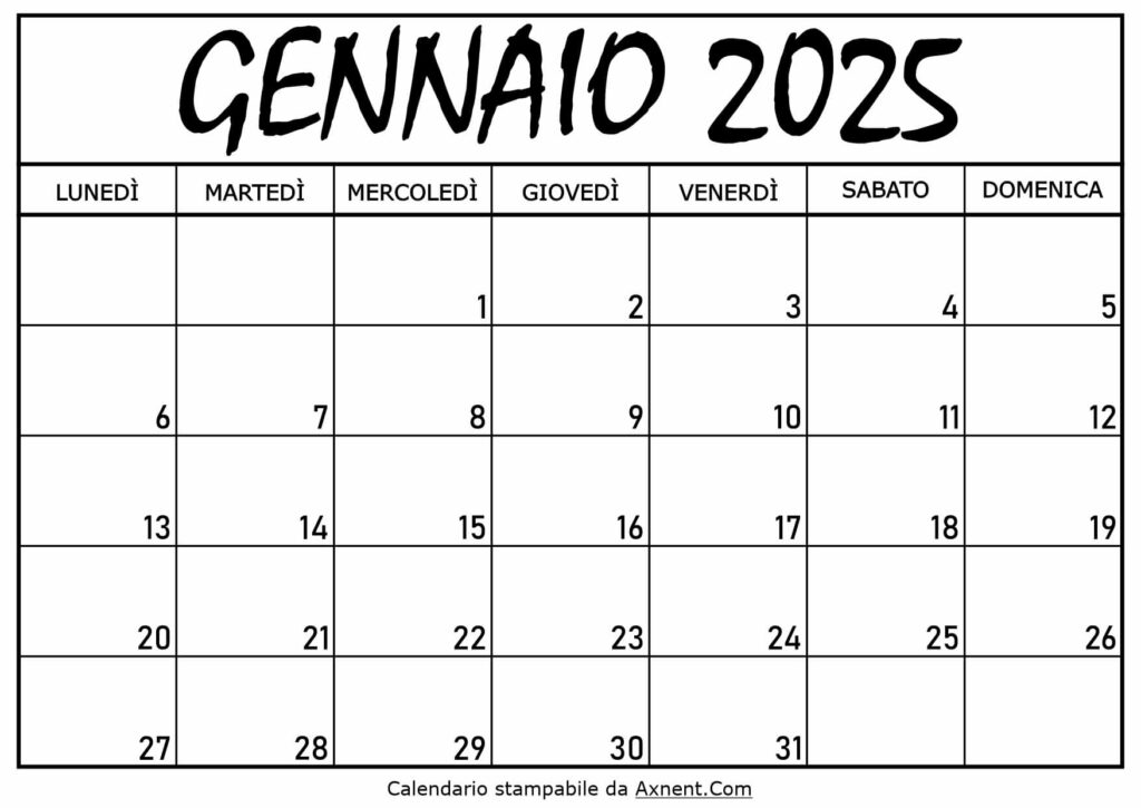 Calendario Gennaio 2025 da Stampare