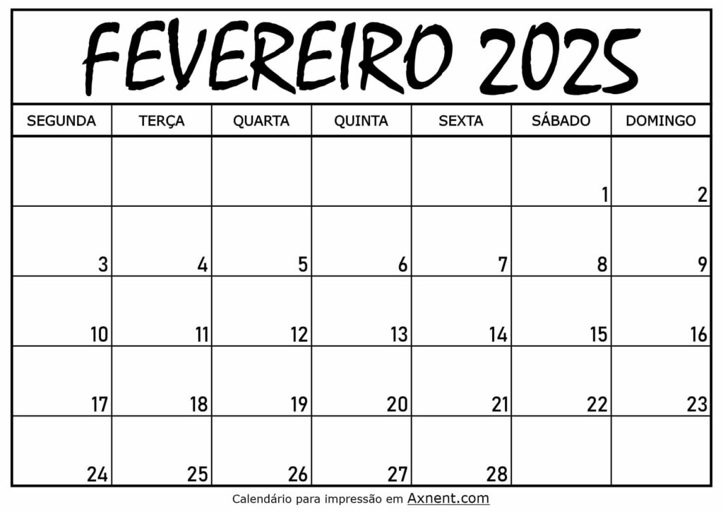 Calendário Mensal Fevereiro 2025