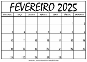 Calendário Mensal Fevereiro 2025