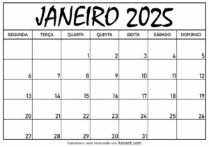 Calendário Mensal Janeiro 2025