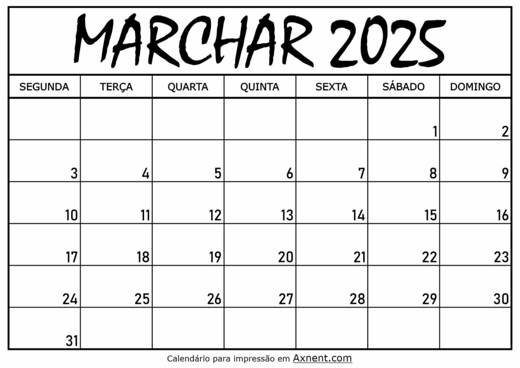 Calendário Mensal Marchar 2025
