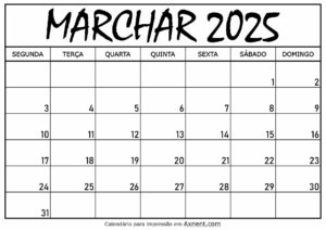 Calendário Mensal Marchar 2025