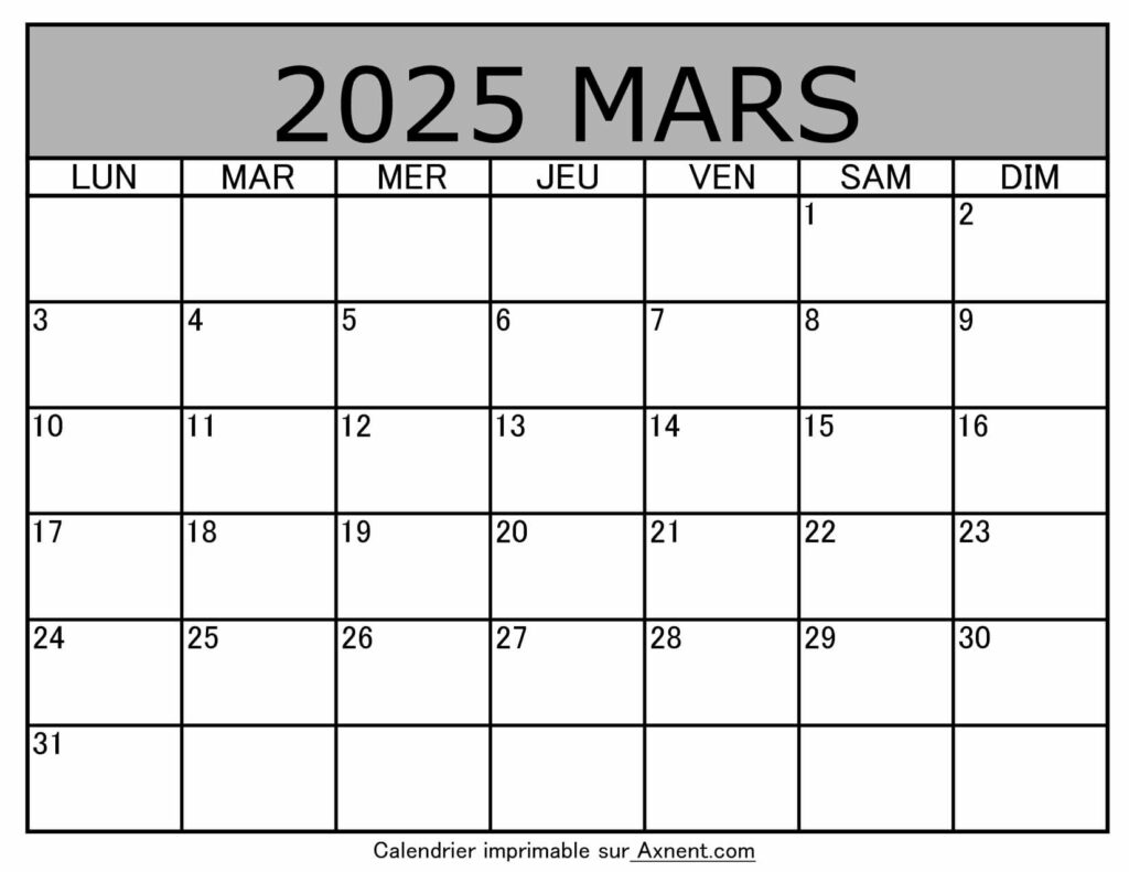 Calendrier À Imprimer Mars 2025