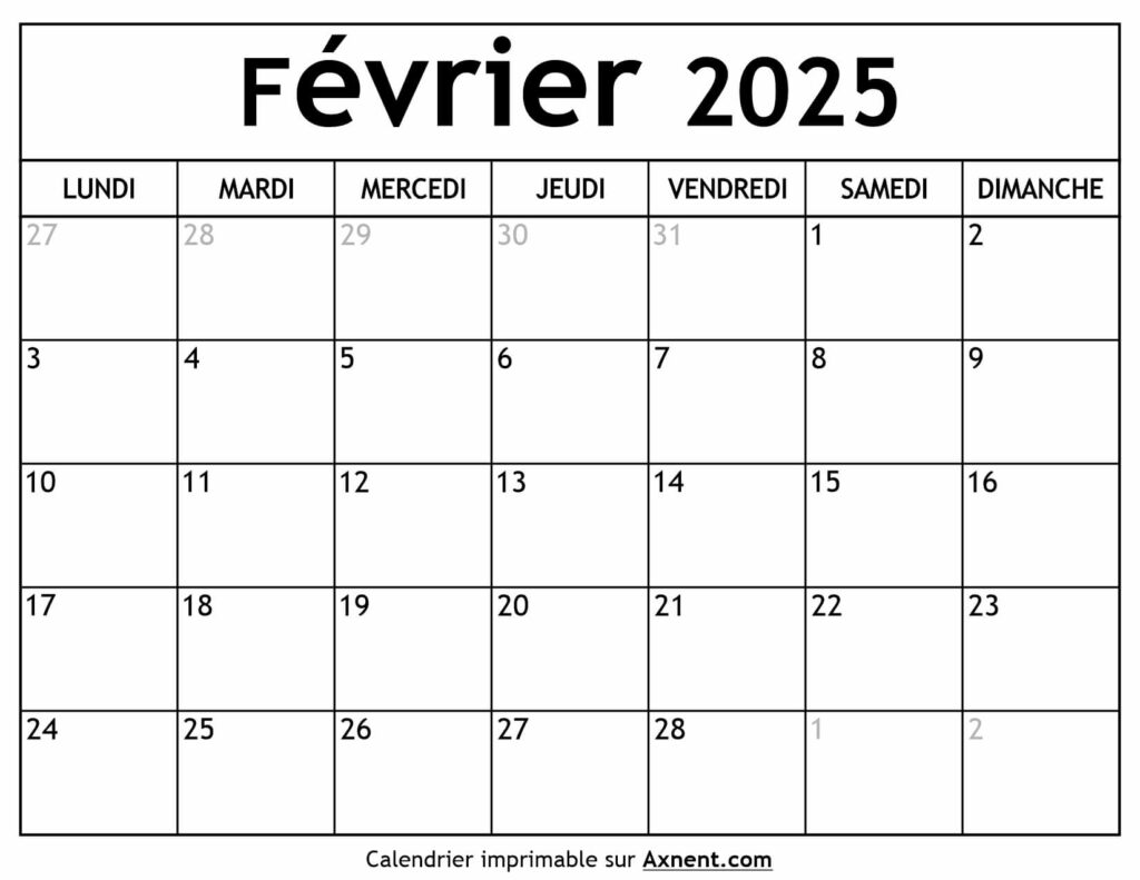 Calendrier Février 2025