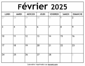 Calendrier Février 2025