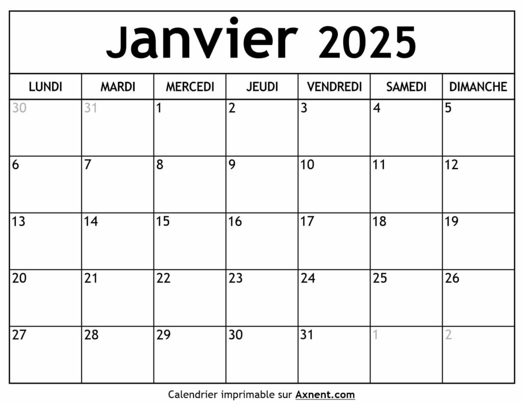 Calendrier Janvier 2025
