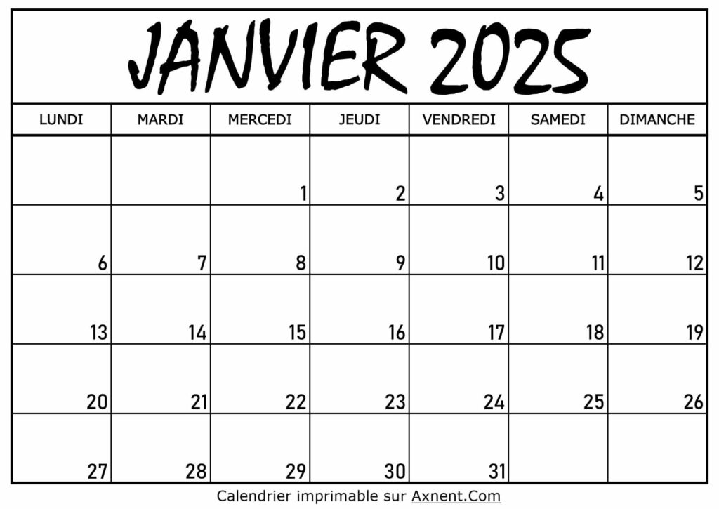 Calendrier Janvier 2025 À Imprimer