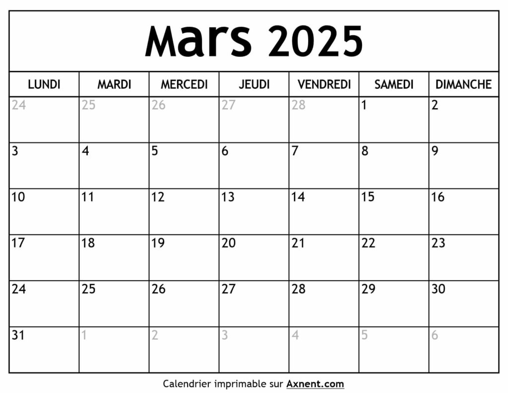Calendrier Mars 2025