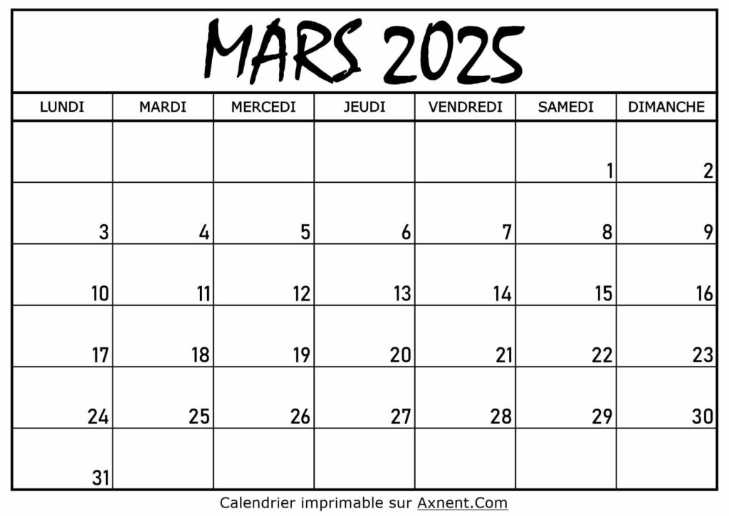 Calendrier Mars 2025 À Imprimer
