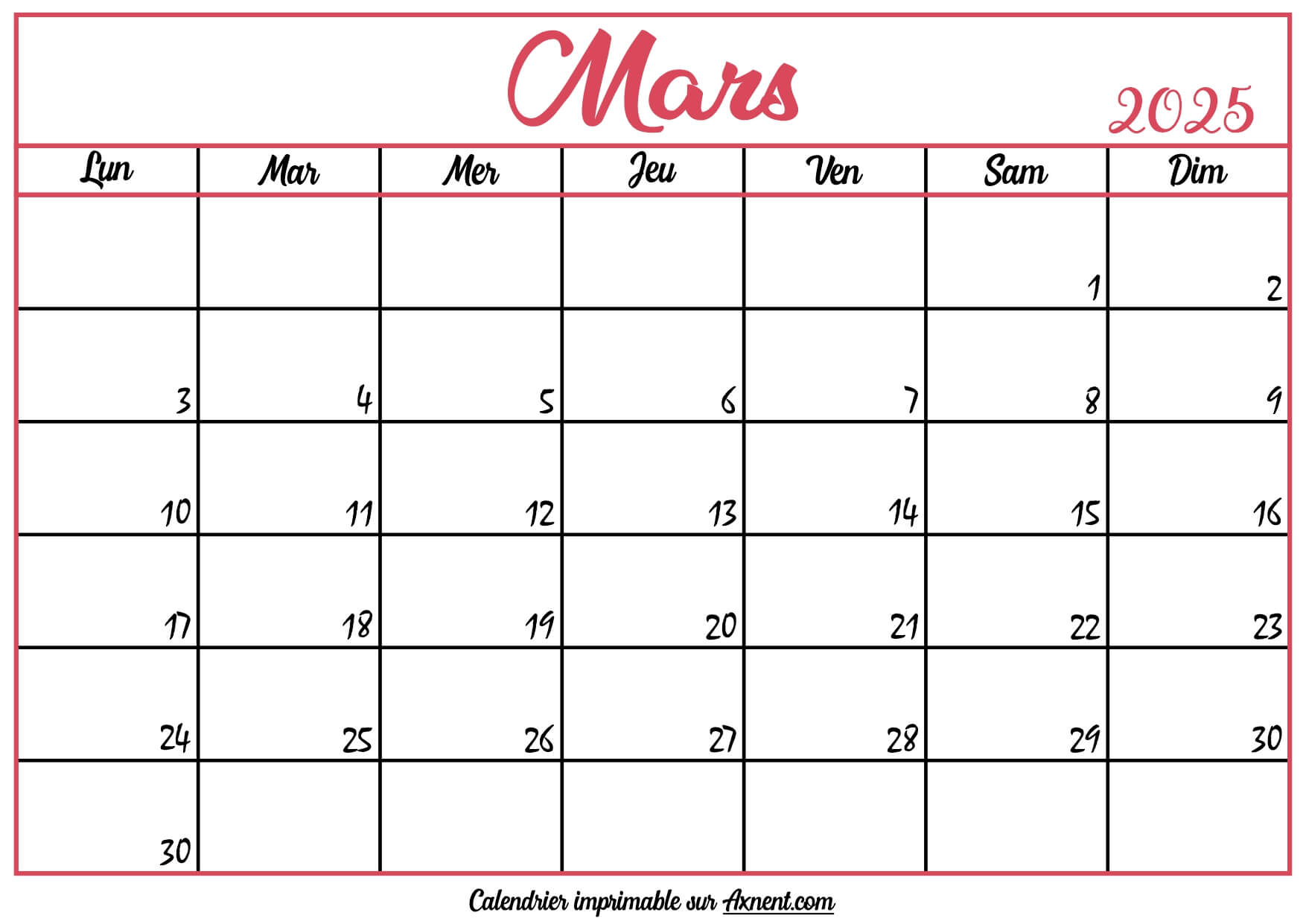 Calendrier Mars 2025 à Imprimer Time Management Tools By Axnent