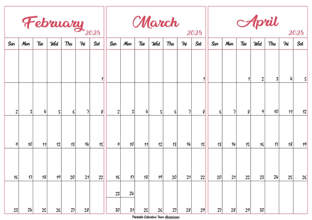 February March April 2025 Calendar