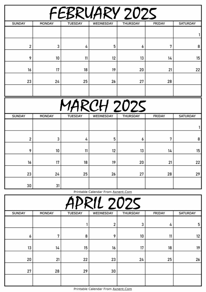 February March and April Calendar 2025