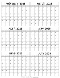 February to July 2025 Calendar