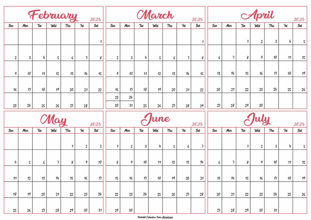 February to July Calendar 2025