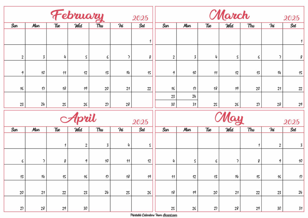 February to May Calendar 2025