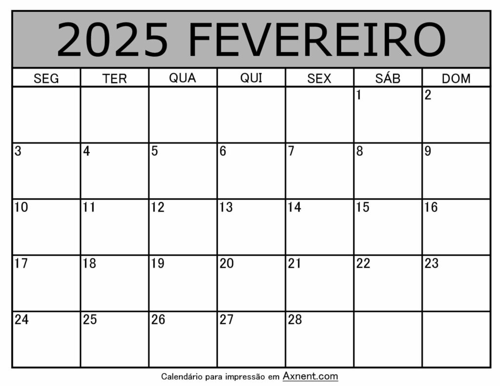 Fevereiro De 2025 Calendario Imprimível