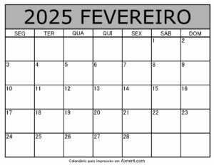 Fevereiro De 2025 Calendario Imprimível