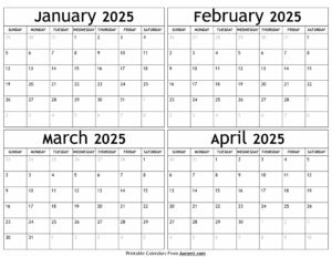 Janaury to April 2025 Calendar