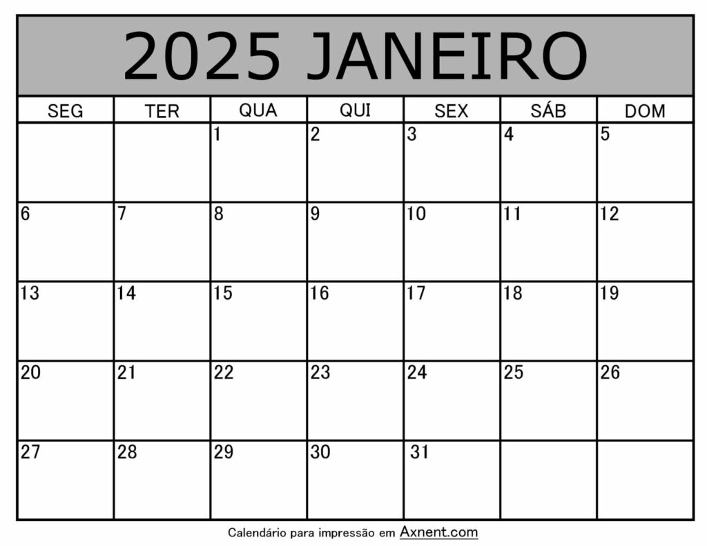 Janeiro De 2025 Calendario Imprimível